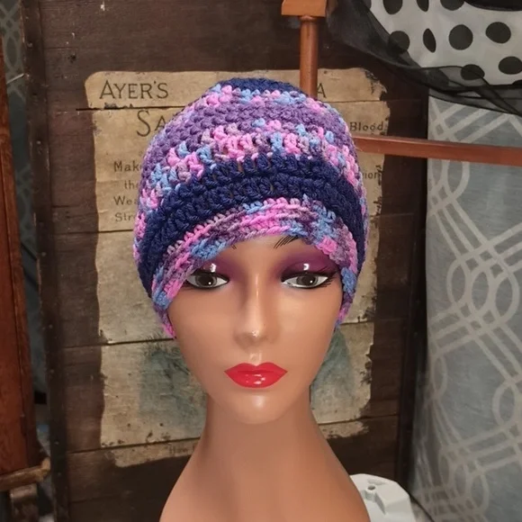 M9 Handmade Purple Pink Tone Crochet Striped Beanie Cap Hat Toboggan - Picture 2 of 4